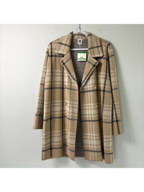 Anne Klein Open Front Sweater Cardigan Womens L Tan White Plaid Long Preppy NWT